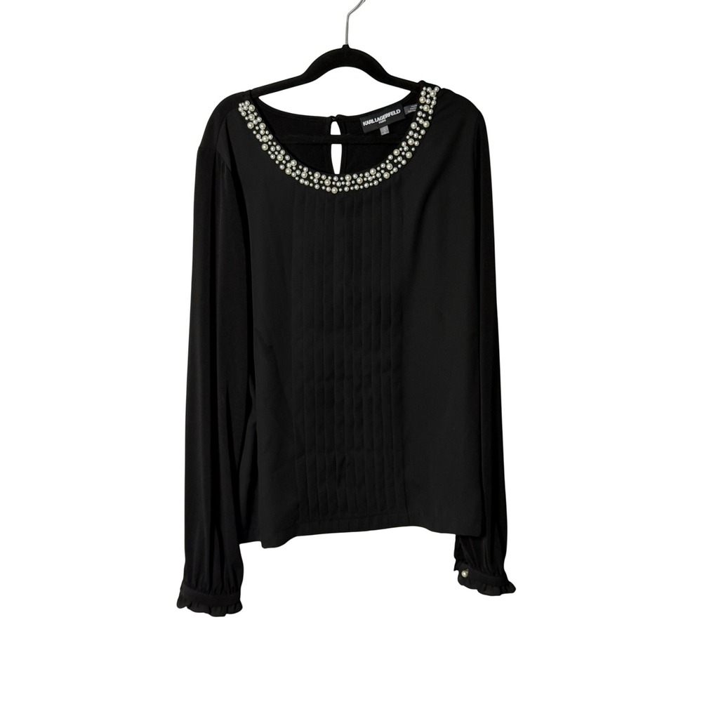 Karl Lagerfeld Paris Black Pearl Embellished Pleated Blouse Ruffle Cuff Small